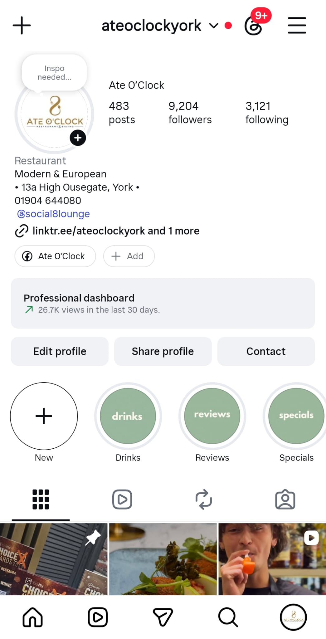 Instagram profile managed for Ate O'Clock York