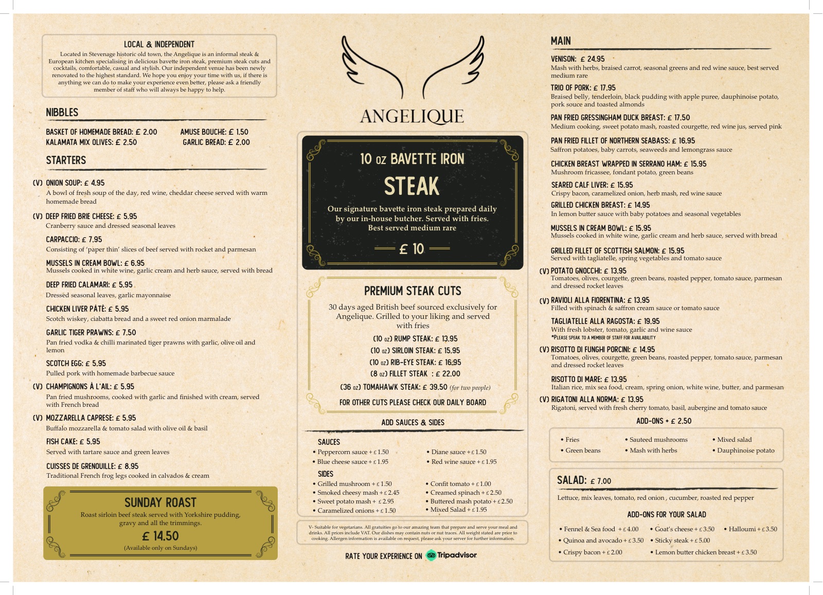 Menu design for Angelique restaurant in Stevenage