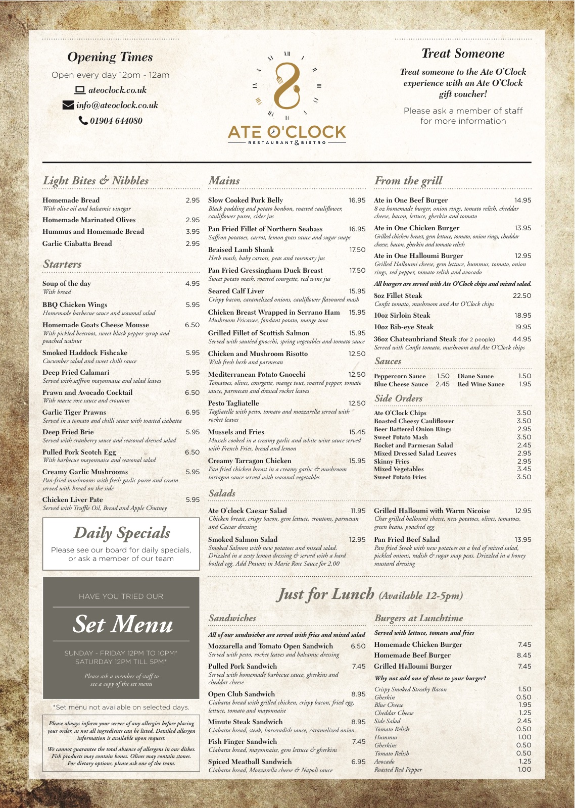 Printed menu design for Ate O'Clock